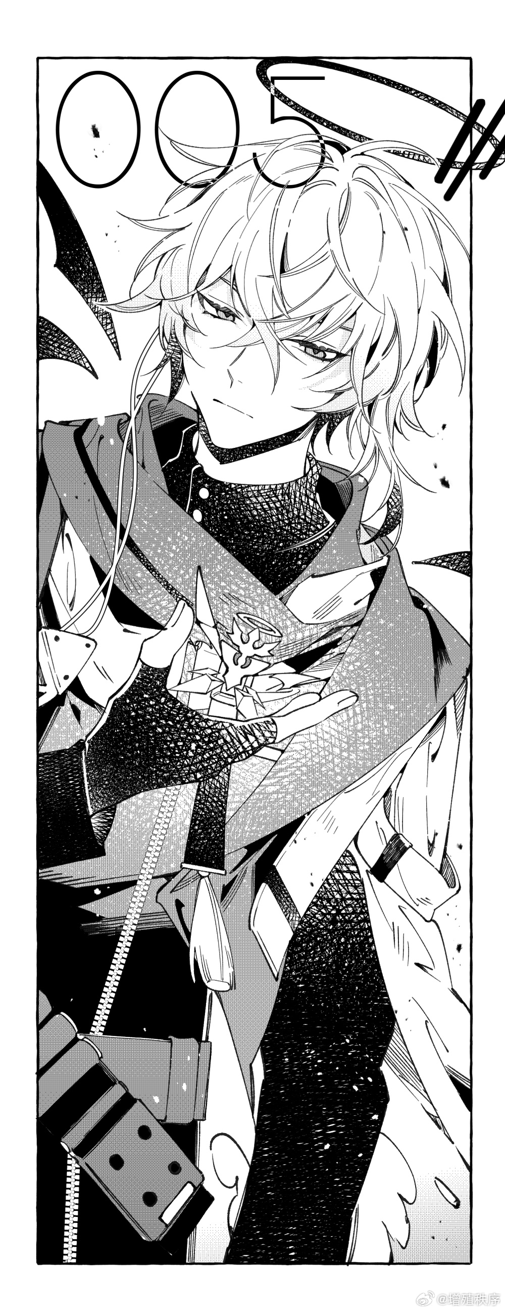 1boy, :|, absurdres, arknights, border, closed_mouth, cowboy_shot, crossed_bangs