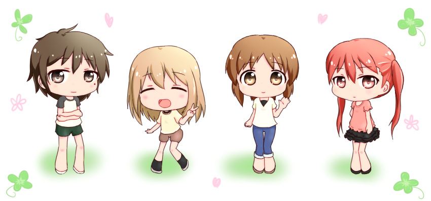 4girls, aged_down, black_skirt, brown_hair, casual, character_request, chibi, commentary_request