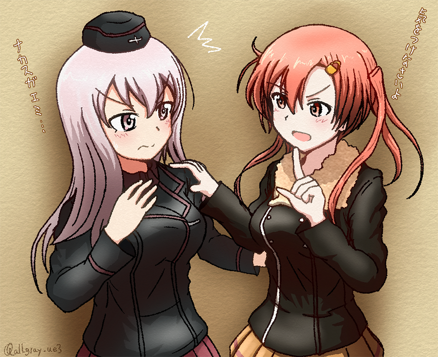 2girls, bellwall_military_uniform, black_hat, black_jacket, brown_skirt, commentary_request, garrison_cap, girls_und_panzer