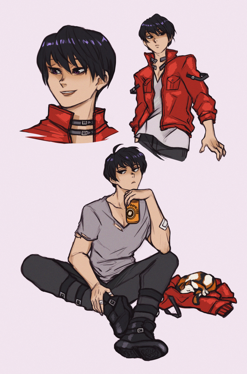 1boy, absurdres, bandaged_fingers, bandages, bandaid, bandaid_on_arm, belt, black_belt, black_footwear, black_hair, boots, calico, can, canned_coffee, cat, closed_mouth, commentary, drink_can, english_commentary, film_grain, frown, full_body, grey_background, grey_shirt, hagiri_kaname, hand_on_own_ankle, highres, holding, holding_can, jacket, male_focus, multiple_views, open_clothes, open_jacket, open_mouth, red_jacket, second-party_source, shirt, simple_background, sitting, smile, thigh_belt, thigh_strap, tiuco, torn_clothes, torn_shirt, unworn_jacket, v-neck, violet_eyes, yu_yu_hakusho