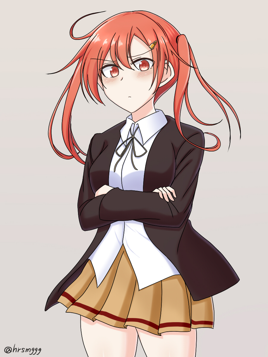 artist_name, black_ribbon, blush, breasts, brown_jacket, brown_skirt, collared_shirt, crossed_arms