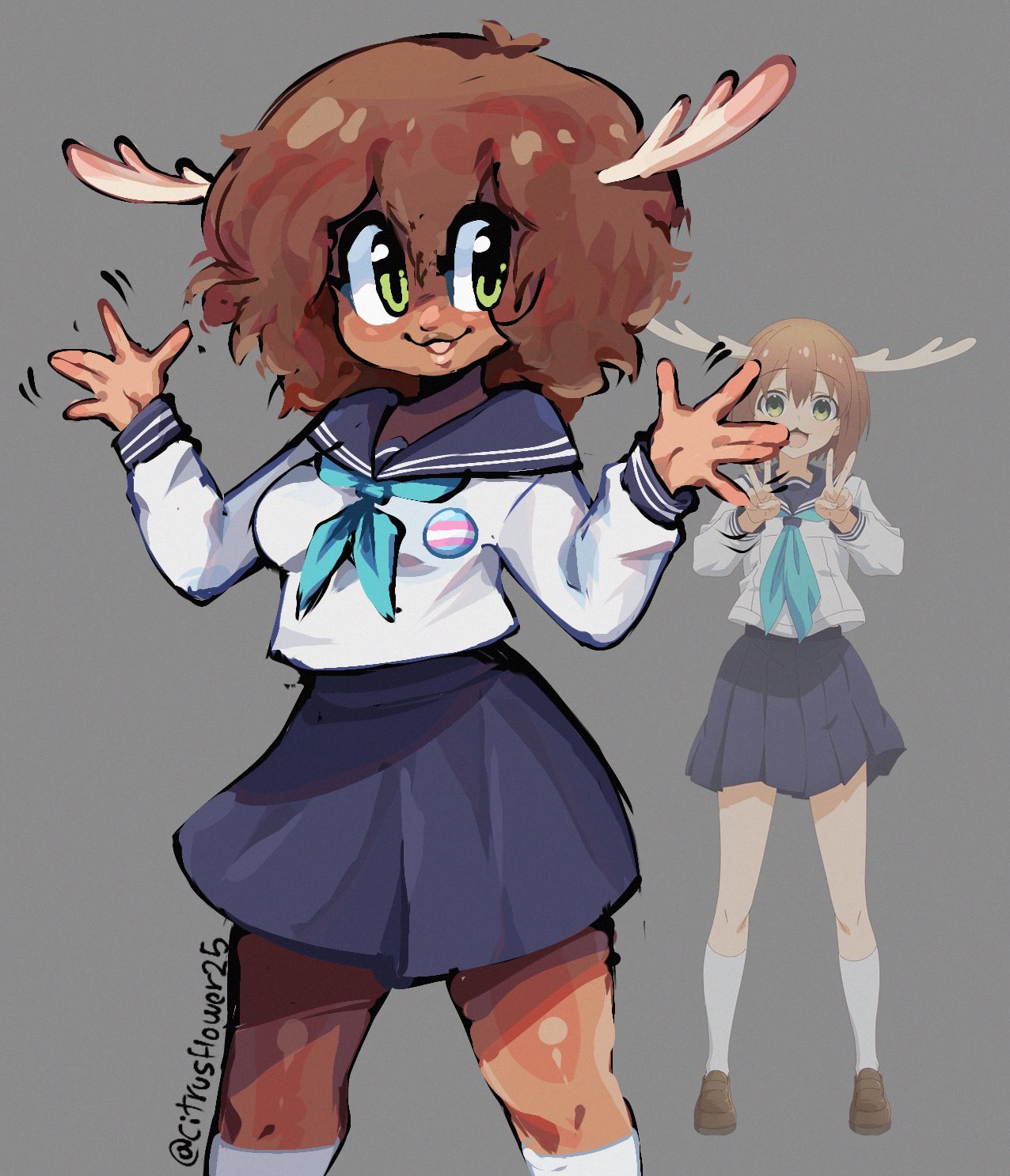 1girl, :3, alternate_skin_color, antlers, aqua_neckerchief, artist_name, badge, blue_sailor_collar, blue_skirt, brown_hair, button_badge, citrusflower25, commentary, dark-skinned_female, dark_skin, deer_girl, green_eyes, grey_background, hands_up, highres, horns, long_sleeves, medium_hair, miniskirt, neckerchief, open_mouth, pleated_skirt, reference_inset, sailor_collar, school_uniform, serafuku, shikanoko_noko, shikanoko_nokonoko_koshitantan, shirt, simple_background, skirt, smile, solo, transgender_flag, very_dark_skin, white_background, white_shirt