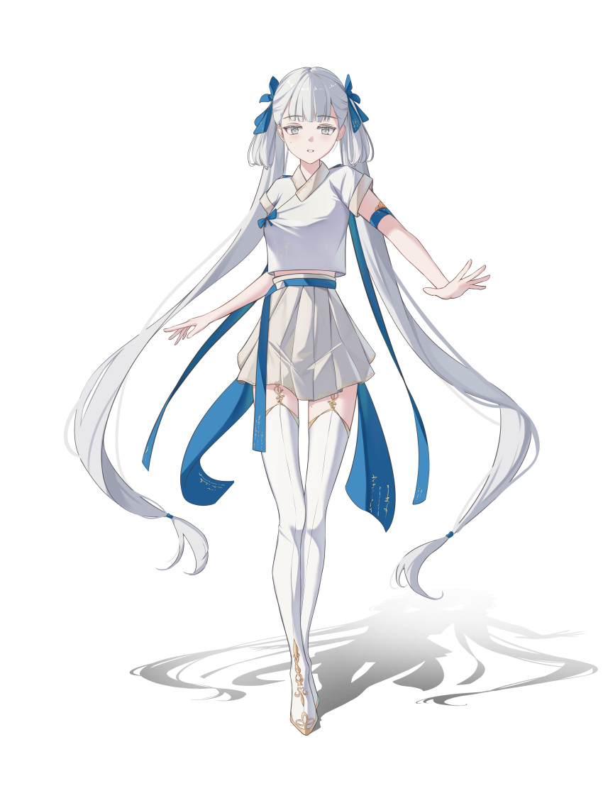 1girl, absurdres, alternate_costume, blue_bow, boots, bow, breasts, bright_pupils, commentary, drop_shadow, hair_bow, highres, jinhsi_(wuthering_waves), large_breasts, long_hair, looking_at_viewer, low_twintails, midriff_peek, mole, mole_on_cheek, mole_on_thigh, mr._bell, multiple_hair_bows, parted_lips, shirt, simple_background, skirt, solo, thigh_boots, thighs, twintails, two_side_up, very_long_hair, walking, white_background, white_eyelashes, white_eyes, white_footwear, white_hair, white_pupils, white_shirt, white_skirt, wuthering_waves
