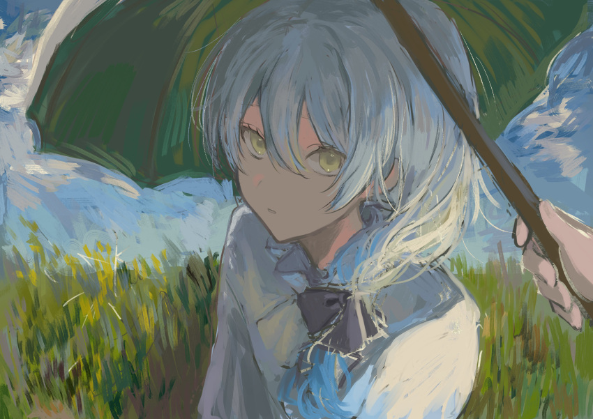 1girl, 1other, absurdres, asagi_12_457, black_bow, blue_hair, bow, field