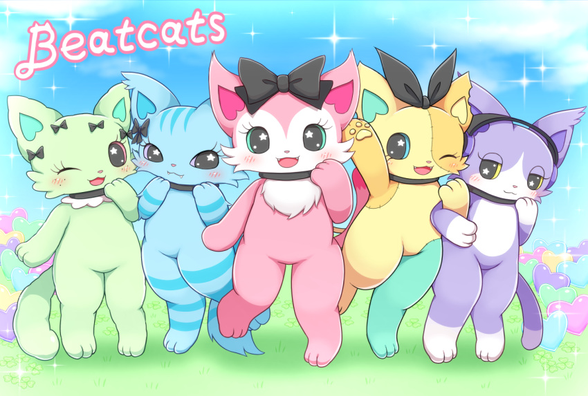 5girls, animal_ears, beatcats, blush, bow, cat_ears, cat_girl, cat_tail