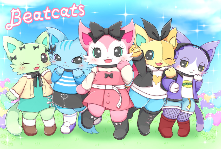 5girls, animal_ears, beatcats, belt, blush, bow, cat_ears, cat_girl