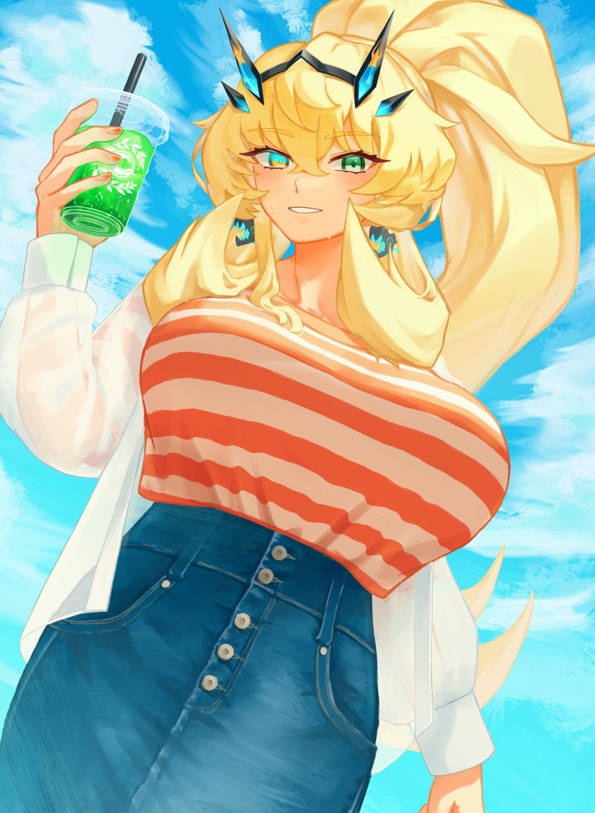 absurdres, barghest_(fate), blonde_hair, blue_eyes, blush, breasts, cup, denim, earrings, fate/grand_order, fate_(series), green_eyes, heterochromia, highres, horns, huge_breasts, jacket, jeans, jewelry, koitan, long_hair, open_clothes, open_jacket, pants, ponytail, shirt, sidelocks, smile, striped_clothes, striped_shirt, sweat