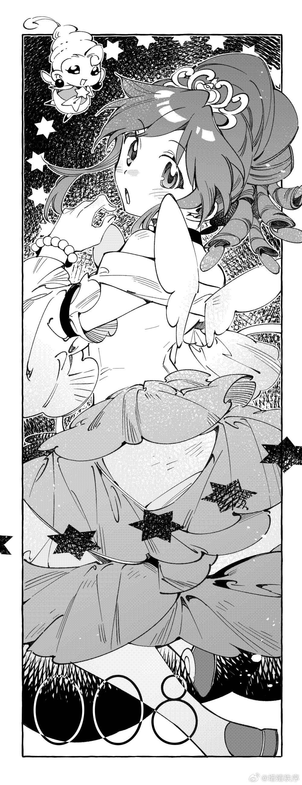 1girl, absurdres, bare_shoulders, bead_bracelet, beads, border, bracelet, detached_sleeves, dress, drill_hair, foot_out_of_frame, fushigiboshi_no_futago_hime, highres, jewelry, kyukyu, light_blush, long_dress, long_sleeves, looking_back, monochrome, numbered, off-shoulder_dress, off_shoulder, open_mouth, outside_border, rein_(futagohime), solo_focus, star_(symbol), tiara, watermark, weibo_watermark, white_border, wings, zengzhi_zhixu