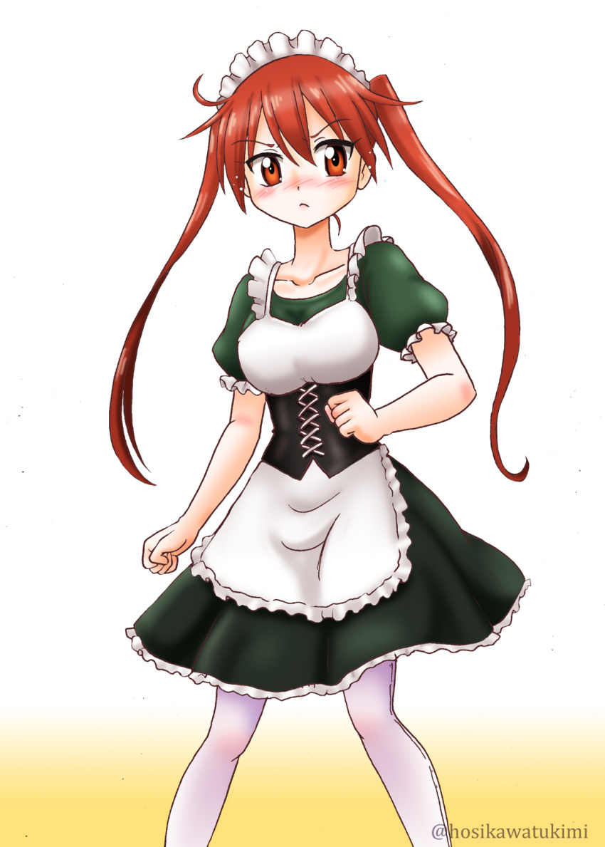 1girl, apron, black_dress, blush, dress, girls_und_panzer, girls_und_panzer_little_army, hair_ornament, hairpin, highres, hoshikawa_tsukimi, jacket, maid, maid_apron, maid_headdress, nakasuga_emi, official_alternate_costume, one-hour_drawing_challenge, orange_hair, pantyhose, twintails, white_pantyhose