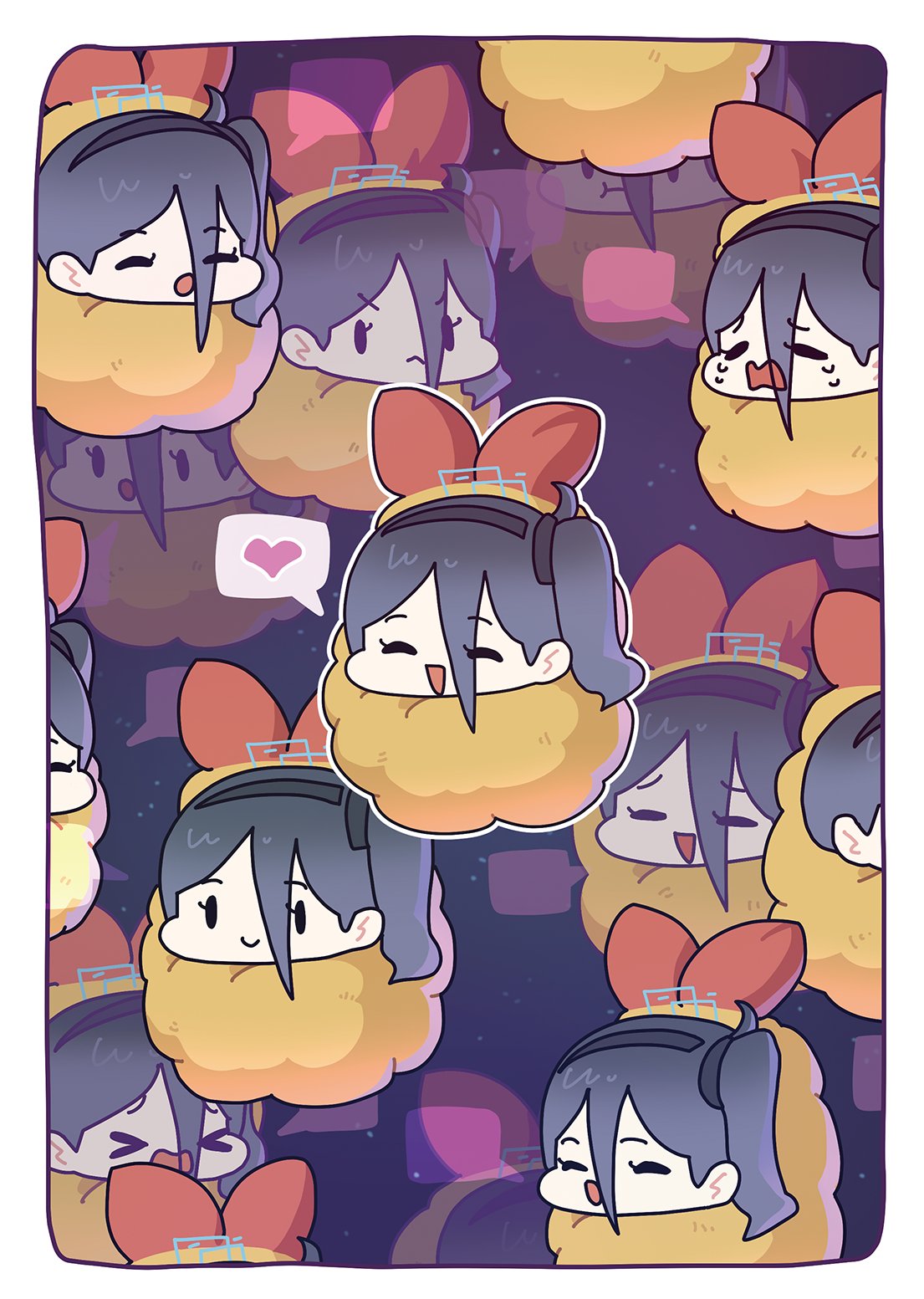 1girl, ^_^, aris_(blue_archive), black_hair, blue_archive, border, chibi, chibi_only