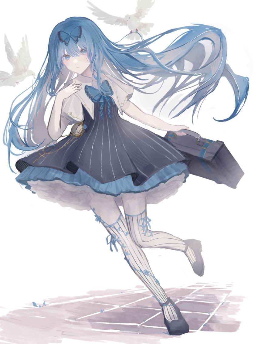1girl, absurdres, asagi_12_457, bird, black_dress, black_footwear, blue_bow, blue_dress, blue_hair, blue_ribbon, bow, cross, dove, dress, expressionless, floating, flower_(symbol), frilled_dress, frills, hair_between_eyes, hair_bow, hand_on_own_chest, highres, holding, layered_dress, light_blush, long_hair, looking_at_viewer, medium_dress, original, pantyhose, pocket_watch, ribbon, shirt, simple_background, solo, suitcase, tile_floor, tiles, very_long_hair, watch, white_background, white_dress, white_pantyhose, white_shirt