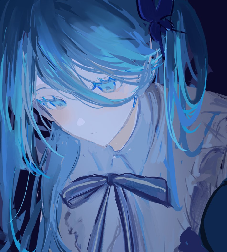 1girl, aqua_hair, asagi_12_457, black_bow, blue_background, blue_bow, bow, dark_background