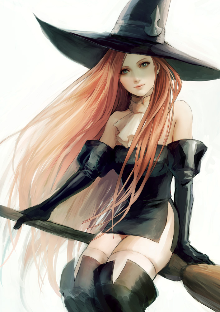 bare_shoulders, broom, broom_riding, elbow_gloves, face, gloves, green_eyes, hat, lips, long_hair, red_hair, redhead, side_slit, sidesaddle, simple_background, solo, tactics_ogre, thigh-highs, thighhighs, ueda_toraji, very_long_hair, white_background, witch, witch_(tactics_ogre), witch_hat, zettai_ryouiki