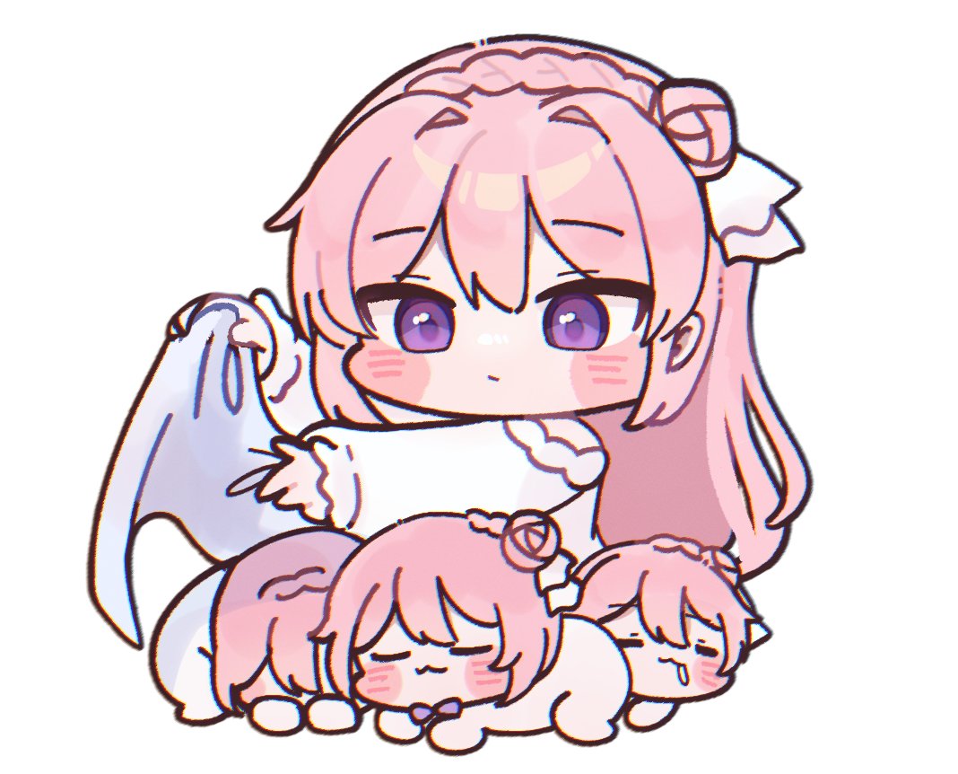 blanket, bow, bowtie, chibi, doro_(nikke), dorothy_(nikke), dress, drooling