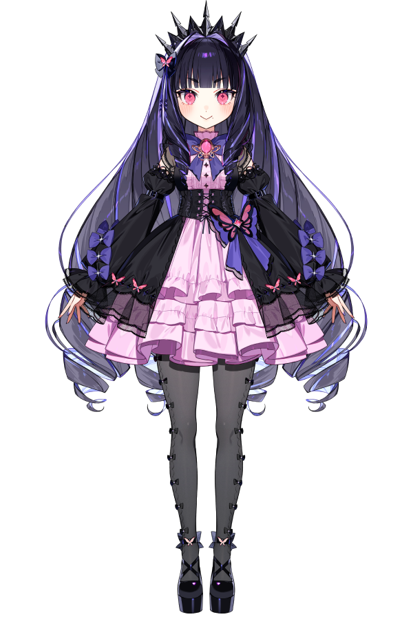 1girl, :>, arisu_oshiro, black_bow, black_corset, black_footwear, black_hair, black_thighhighs