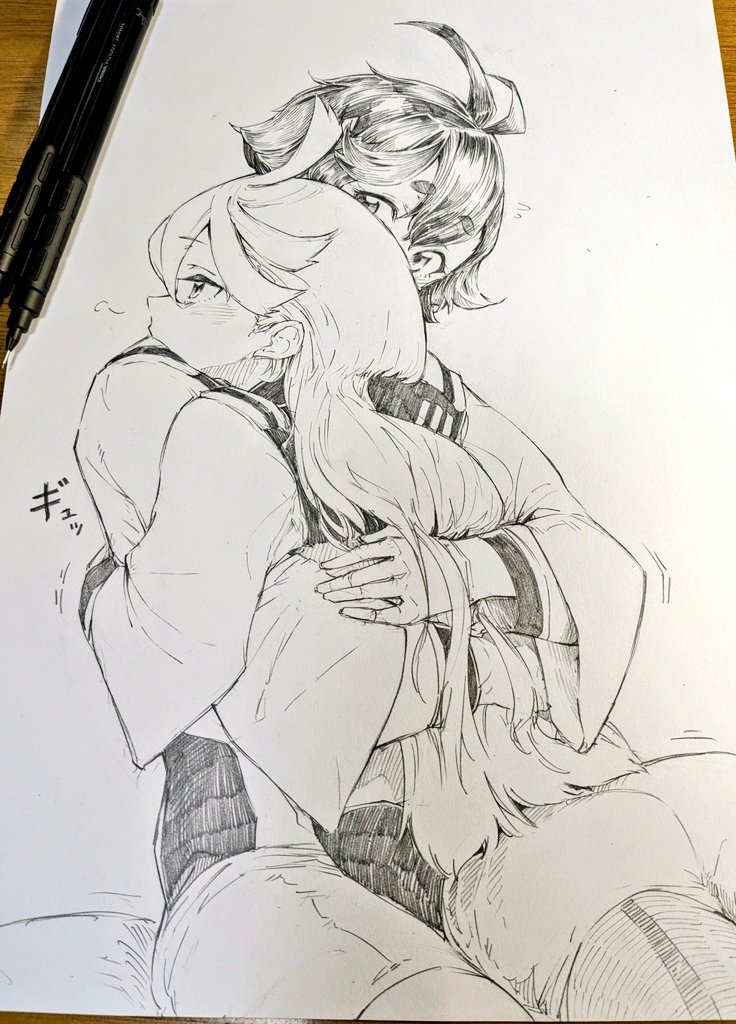 2girls, ahoge, art_tools_in_frame, blush, commentary_request, gasuri_govan, graphite_(medium), greyscale