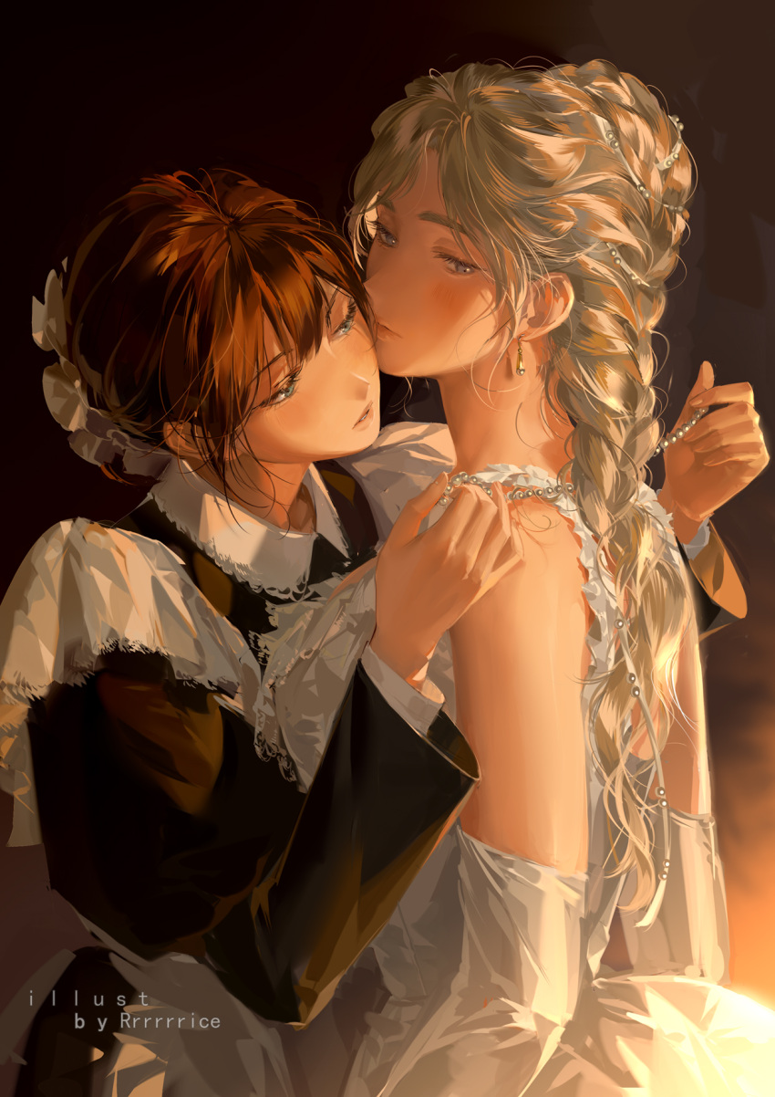 2girls, apron, artist_name, black_dress, blonde_hair, braid, brown_hair, bun_cover