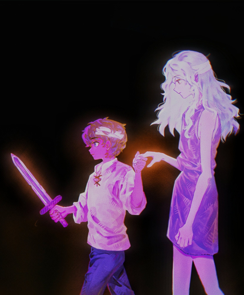 2boys, aged_down, bags_under_eyes, bandaged_head, bandages, black_background, black_eyes, black_hair, blue_eyes, child, cropped_legs, curly_hair, dark-skinned_male, dark_skin, dungeon_meshi, elf, explodjelly, from_side, glowing, grey_hair, highres, holding, holding_hands, holding_sword, holding_weapon, kabru, long_hair, long_sleeves, male_focus, mithrun, multiple_boys, notched_ear, pants, pointy_ears, profile, shirt, short_hair, simple_background, sleeveless, sword, tunic, walking, wavy_hair, weapon