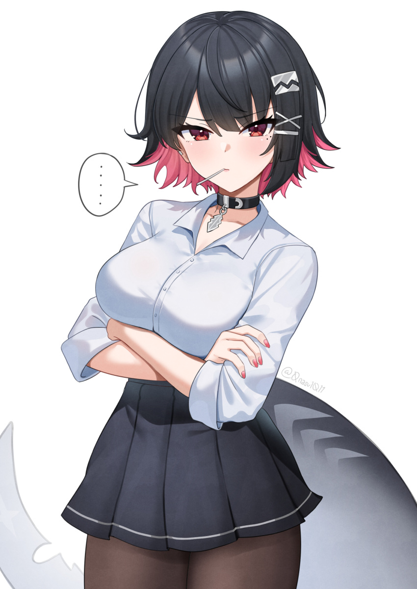 ..., 1girl, absurdres, arms_under_breasts, belt_collar, black_hair, blush, bralines
