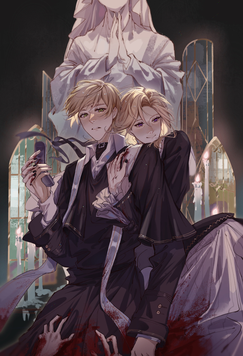 1other, 2boys, absurdres, axis_powers_hetalia, black_nails, black_robe, blonde_hair, blood