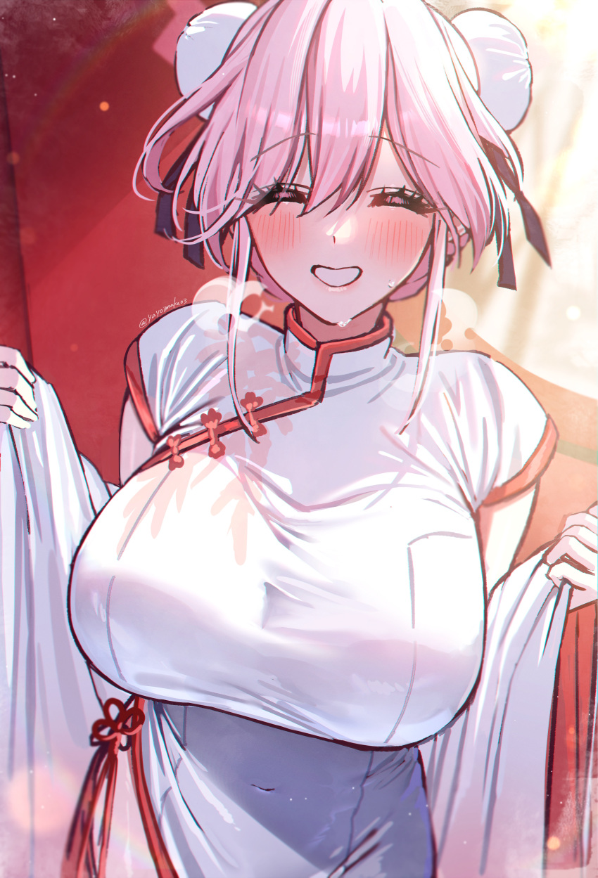1girl, absurdres, black_ribbon, blue_archive, breasts, china_dress, chinese_clothes, closed_eyes, covered_navel, double_bun, dress, hair_bun, hair_ribbon, highres, large_breasts, pink_hair, ribbon, steaming_body, sweat, tomoe_(qipao)_(blue_archive), yayoi_maka
