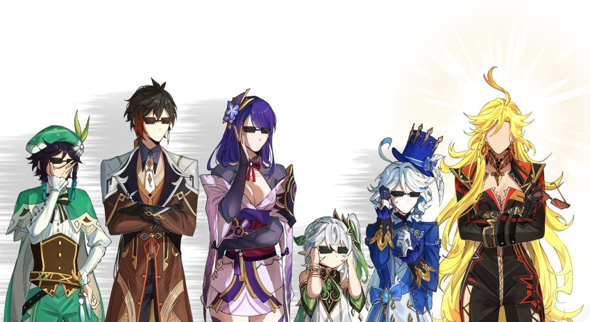 2boys, 4girls, ahoge, antenna_hair, arm_support, armor, asymmetrical_gloves, baggy_shorts
