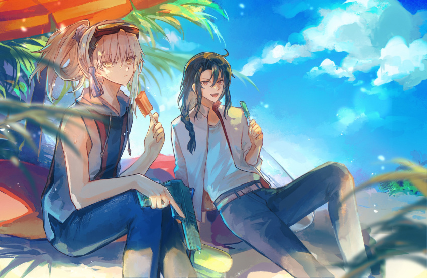 2boys, absurdres, alternate_costume, alternate_hairstyle, archer_(fate/samurai_remnant), beach_umbrella, belt, black_pants