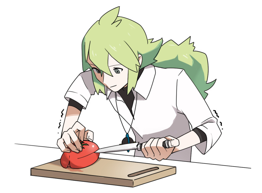1boy, closed_mouth, collared_shirt, commentary_request, counter, crossed_bangs, cutting_board, food