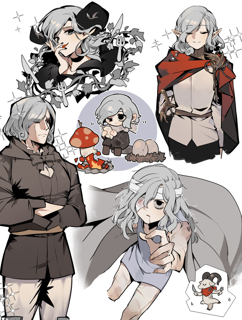 1boy, absurdres, alternate_species, bandage_over_one_eye, bandaged_head, bandages, black_horns, campfire