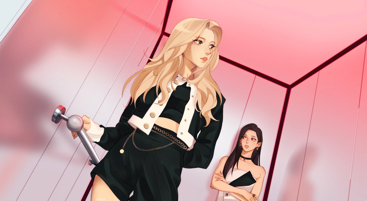 2girls, arm_behind_back, bad_id, bad_twitter_id, bare_shoulders, black_eyes, black_hair, black_jacket