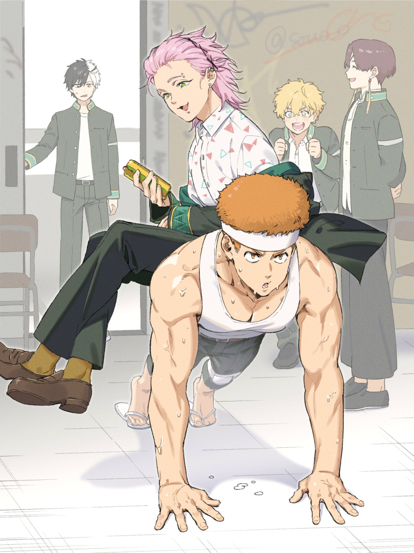 5boys, black_hair, blonde_hair, brown_footwear, brown_hair, classroom, ear_piercing, earrings