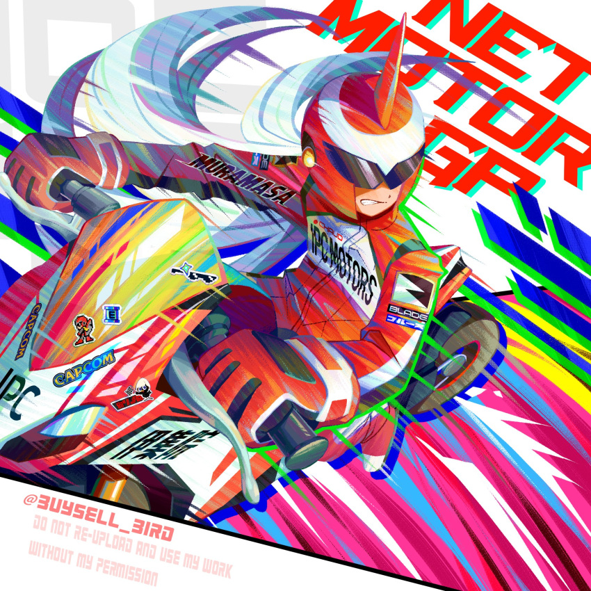 1boy, alternate_costume, assault_visor, buysell_bird, clenched_teeth, commentary, english_text, gloves, grey_hair, helmet, highres, jacket, long_hair, male_focus, mega_man_(classic), mega_man_(series), mega_man_battle_network_(series), motor_vehicle, motorcycle, pants, proto_man, protoman.exe, red_gloves, red_helmet, red_jacket, red_pants, riding, solo, teeth, twitter_username, watermark