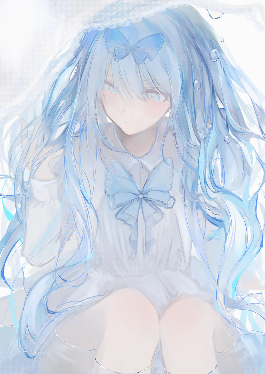 1girl, absurdres, arm_support, asagi_12_457, blue_bow, blue_eyes, blue_hair, bow