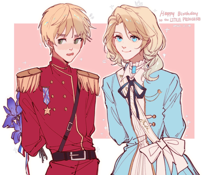2boys, @_@, arms_behind_back, award_ribbon, axis_powers_hetalia, belt, blonde_hair, blue_eyes