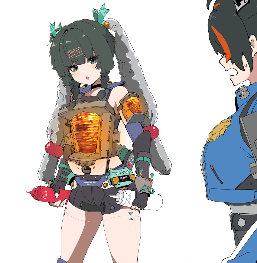 2girls, absurdres, android, archives.gokulism, black_gloves, black_hair, bottle, gloves