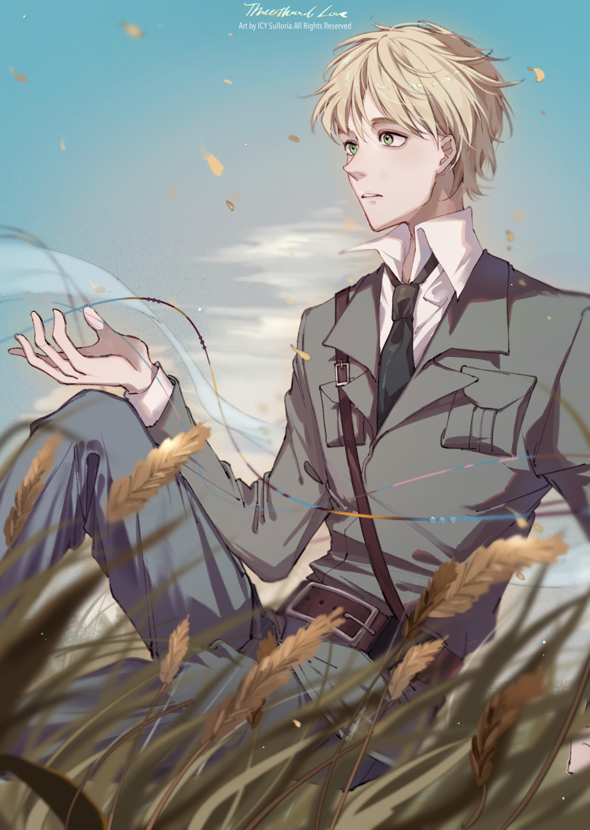 1boy, absurdres, axis_powers_hetalia, belt, blonde_hair, blue_sky, collared_shirt, falling_petals