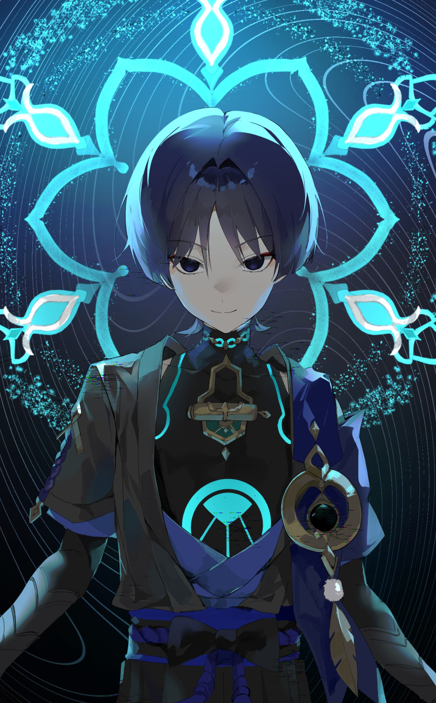 1boy, absurdres, belt, black_bodysuit, black_bow, black_eyes, black_hair, black_sash