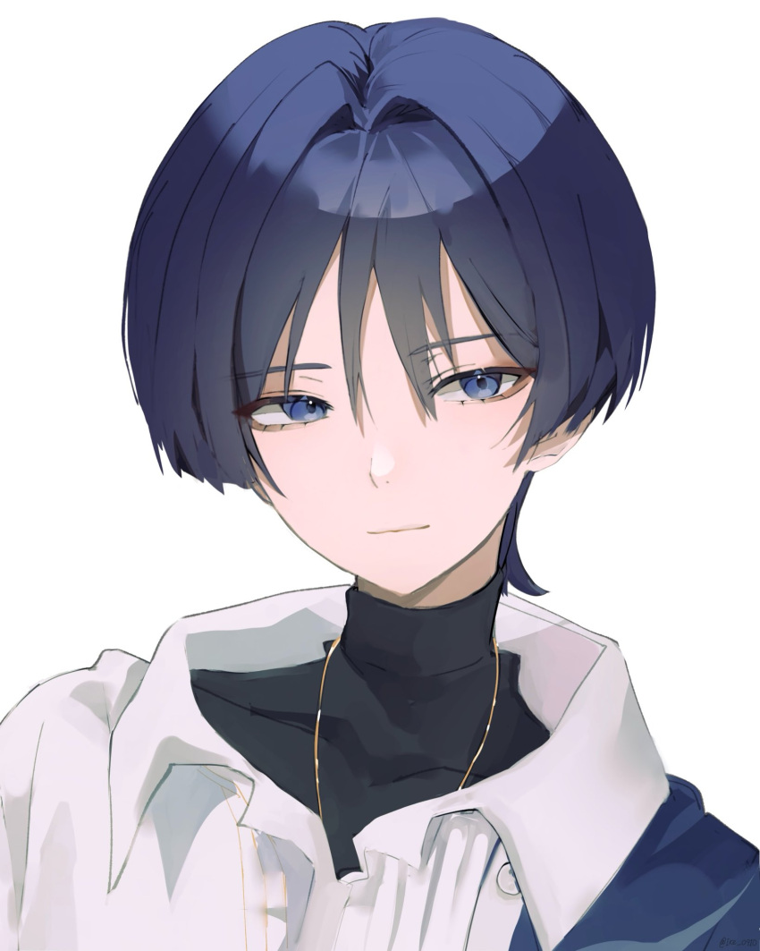1boy, alternate_costume, black_hair, black_undershirt, blue_eyes, blue_shawl, blunt_ends, brown_eyeshadow