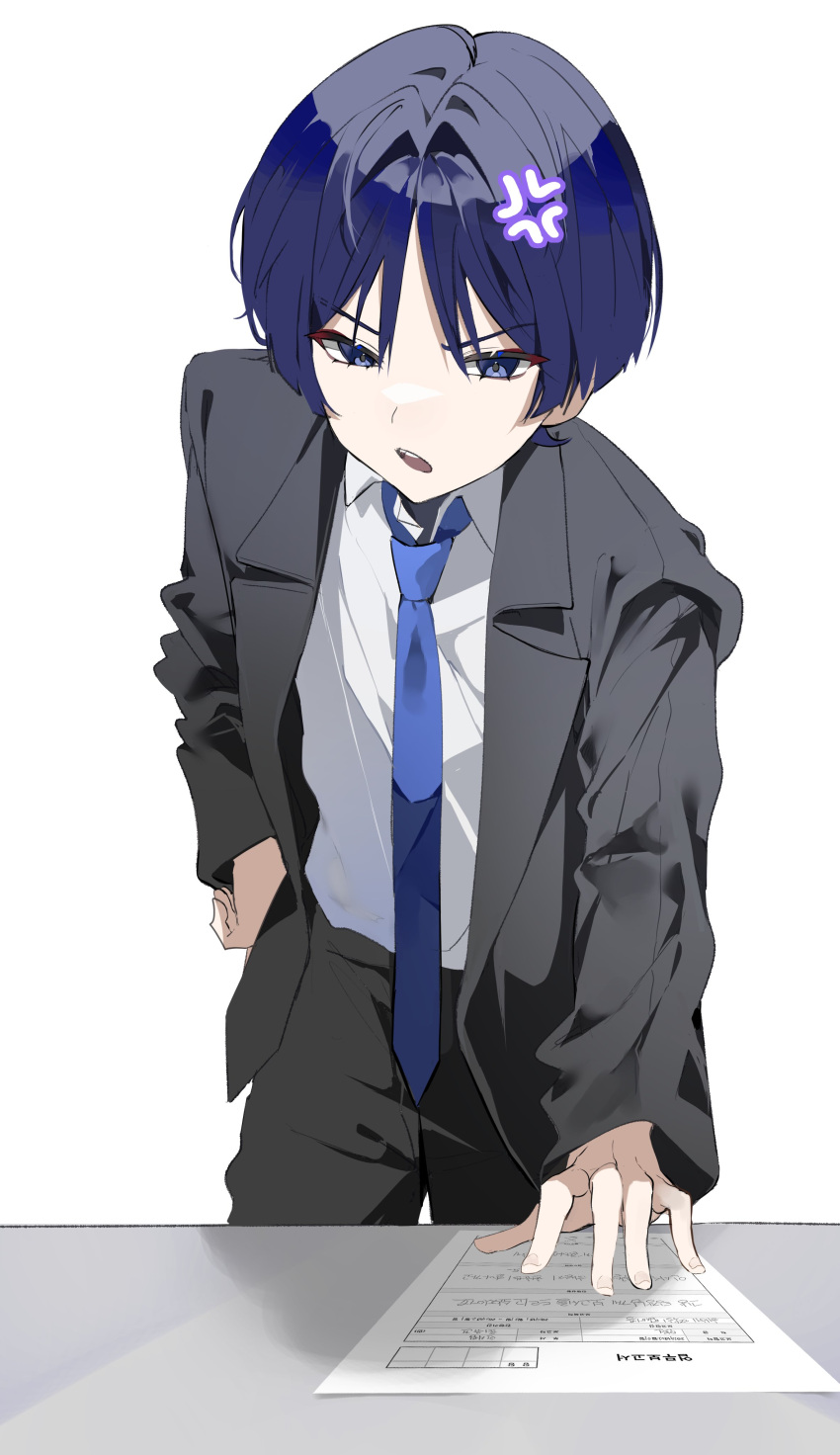 1boy, absurdres, alternate_costume, anger_vein, black_eyes, blue_necktie, blunt_ends, collared_shirt