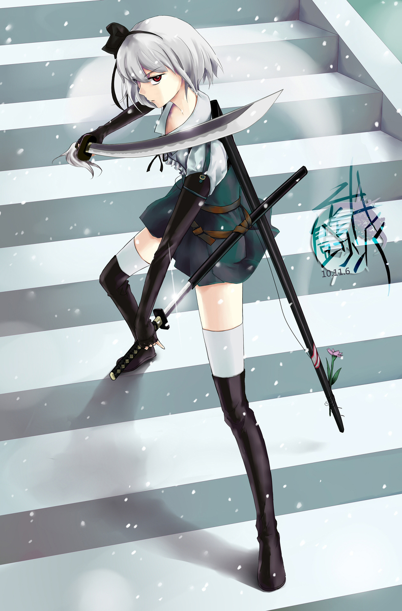 ghost, gloves, goocn, hairband, highres, katana, konpaku_youmu, konpaku_youmu_(ghost)