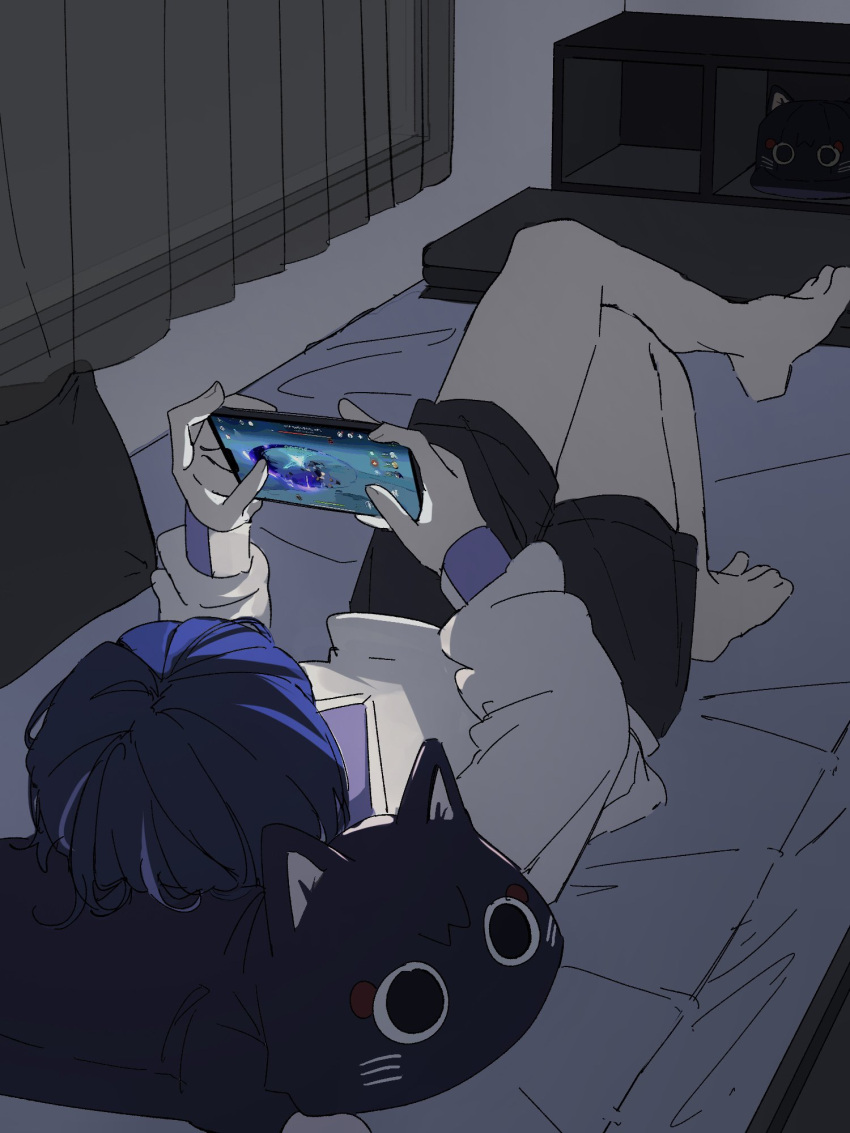 1boy, alternate_costume, animal-shaped_pillow, animal_ears, animal_hat, barefoot, bennett_(genshin_impact), black_eyes