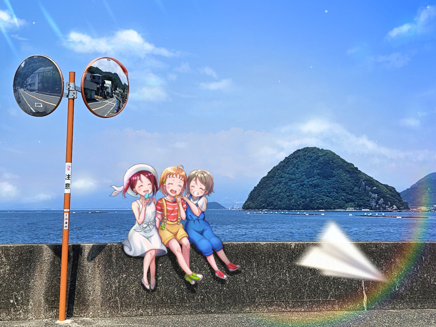 3girls, ^_^, aged_down, ahoge, blue_overalls, blue_sky, closed_eyes, clouds