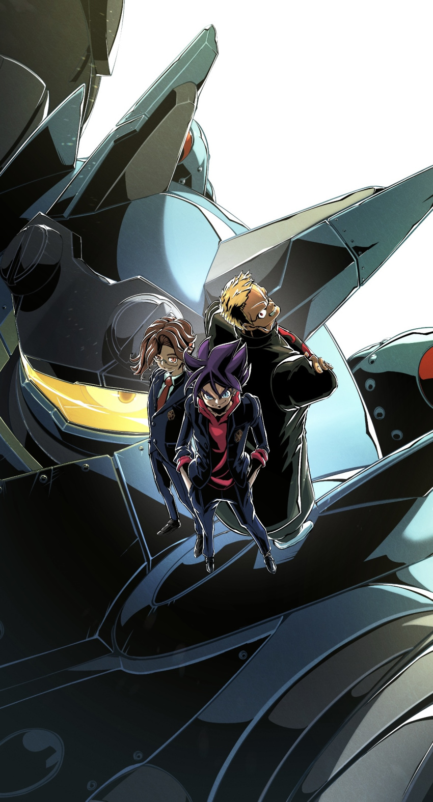 3boys, asami_teru, black_coat, black_footwear, blonde_hair, blue_eyes, brown_eyes, brown_hair
