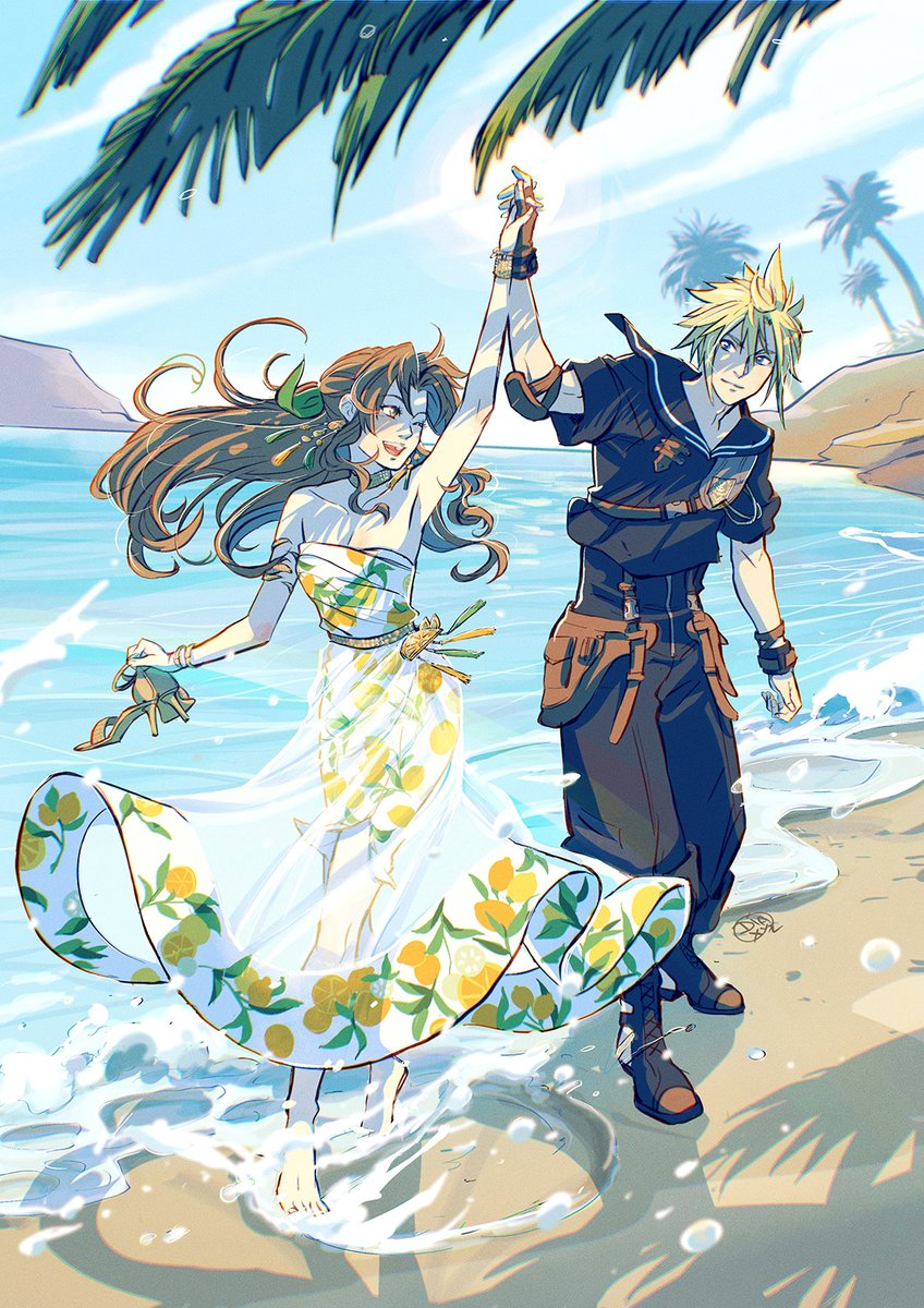 1boy, 1girl, aerith_gainsborough_(citric_dress), arm_up, armpits, barefoot, beach, belt, black_jumpsuit, black_pants, black_sailor_collar, black_shirt, blonde_hair, blue_eyes, brown_gloves, brown_hair, choker, cloud_strife, cloud_strife_(maritime_sailor), couple, curtained_hair, diana_mercolini, dress, earrings, elbow_pads, final_fantasy, final_fantasy_vii, final_fantasy_vii_ever_crisis, fingerless_gloves, food-themed_earrings, fruit_print, gloves, green_choker, green_ribbon, highres, holding_hands, jewelry, jumpsuit, long_hair, official_alternate_costume, one_eye_closed, open_mouth, orange-shaped_earrings, orange-shaped_ornament, orange_print, palm_tree, pants, parted_bangs, print_dress, ribbon, sailor_collar, sand, see-through, see-through_skirt, shirt, short_sleeves, single_elbow_pad, single_glove, skirt, smile, spiky_hair, splashing, strapless, strapless_dress, toeless_footwear, tree, unworn_footwear, water, white_dress