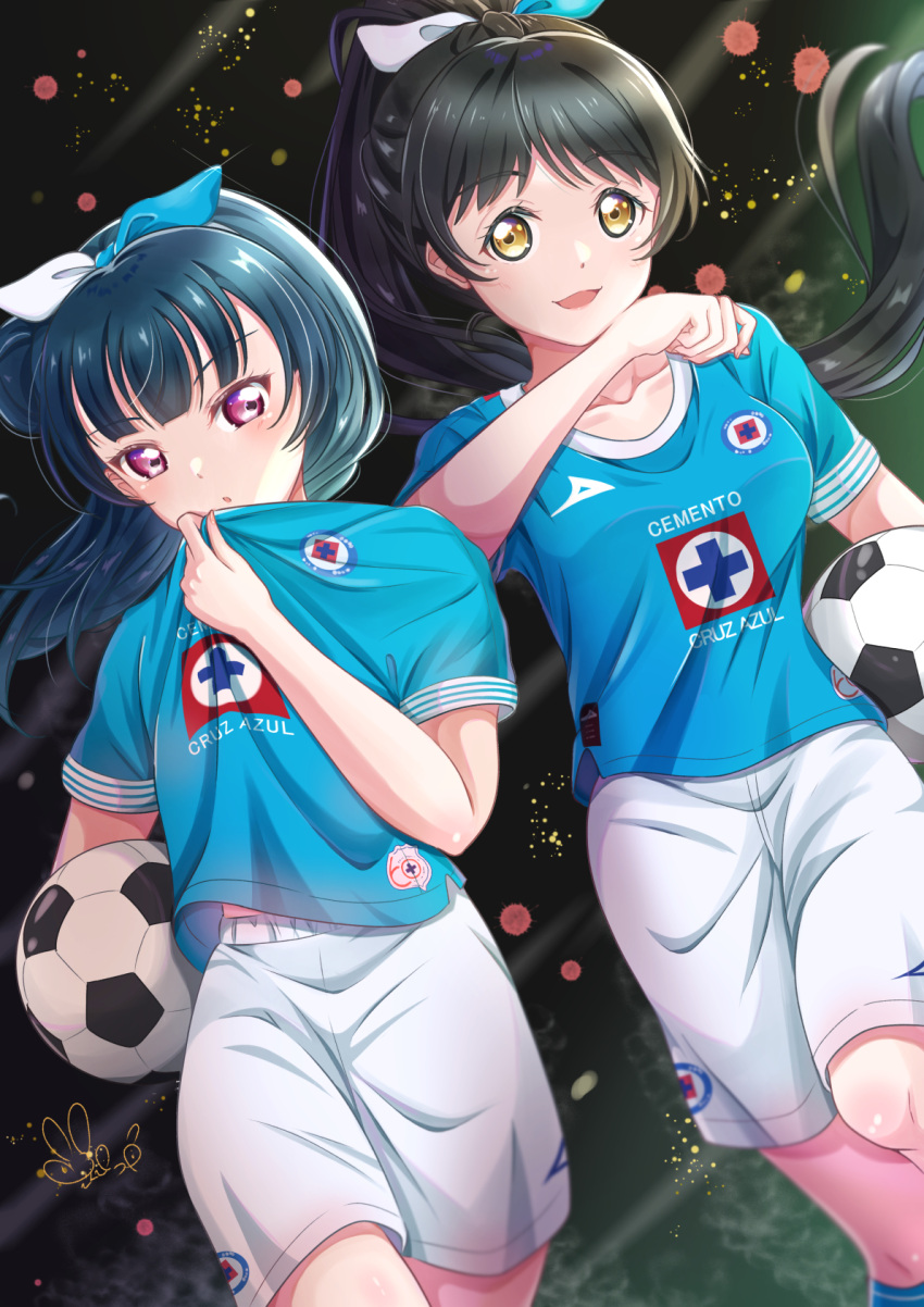 2girls, :3, :d, :o, arm_up, ball, black_background, black_hair, blue_bow, blue_hair, blue_shirt, blush, bow, breasts, collarbone, commentary_request, commission, cowboy_shot, cruz_azul, dark_blue_hair, feet_out_of_frame, floating_hair, hair_bow, hair_bun, hand_up, hazuki_ren, high_ponytail, highres, holding, holding_ball, in-franchise_crossover, iroenpitsu_xxx, leg_up, long_hair, looking_at_viewer, love_live!, love_live!_sunshine!!, love_live!_superstar!!, medium_breasts, mexico, midriff_peek, multiple_girls, open_mouth, parted_lips, pink_eyes, ponytail, shirt, shirt_hold, short_sleeves, shorts, signature, single_side_bun, skeb_commission, smile, soccer_ball, soccer_uniform, sportswear, tsushima_yoshiko, two-tone_bow, white_bow, white_shorts, yellow_eyes