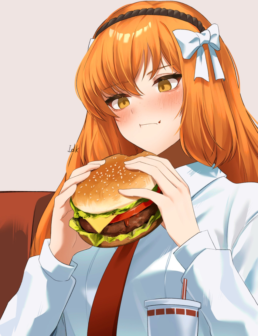 1girl, blush, bow, brown_hairband, burger, cheese, collared_shirt, commentary_request