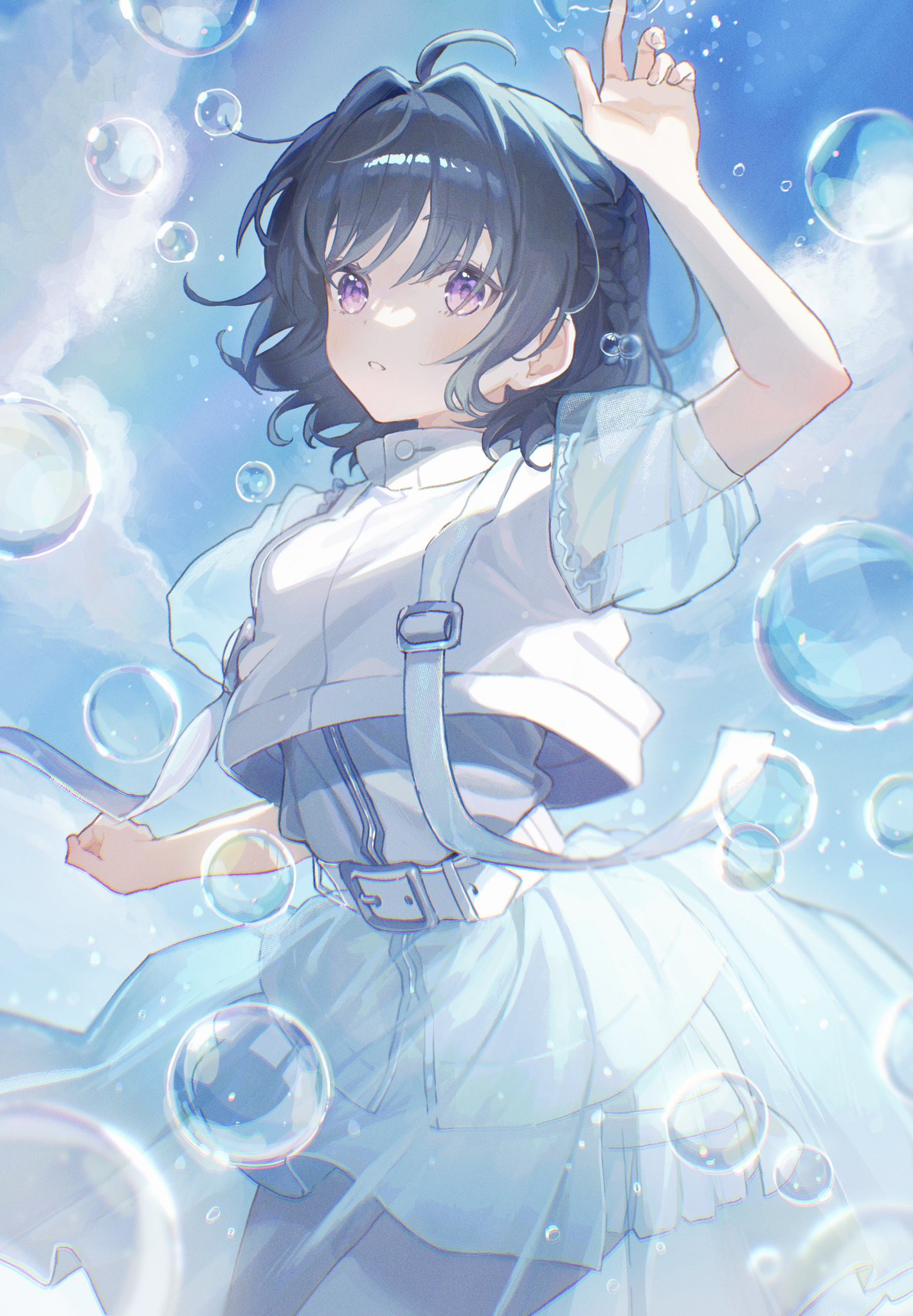 1girl, ban_(one_ban7241), belt, black_hair, blue_eyes, bubble, clouds, cloudy_sky