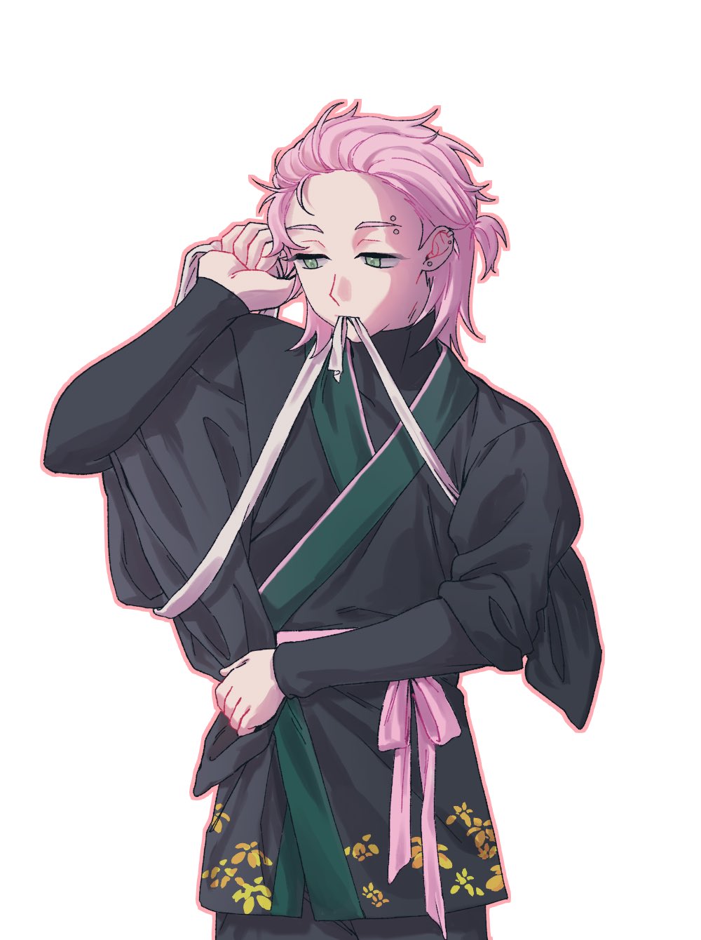 1boy, alternate_costume, dee_qwe, ear_piercing, earrings, eyebrow_piercing, green_eyes, highres