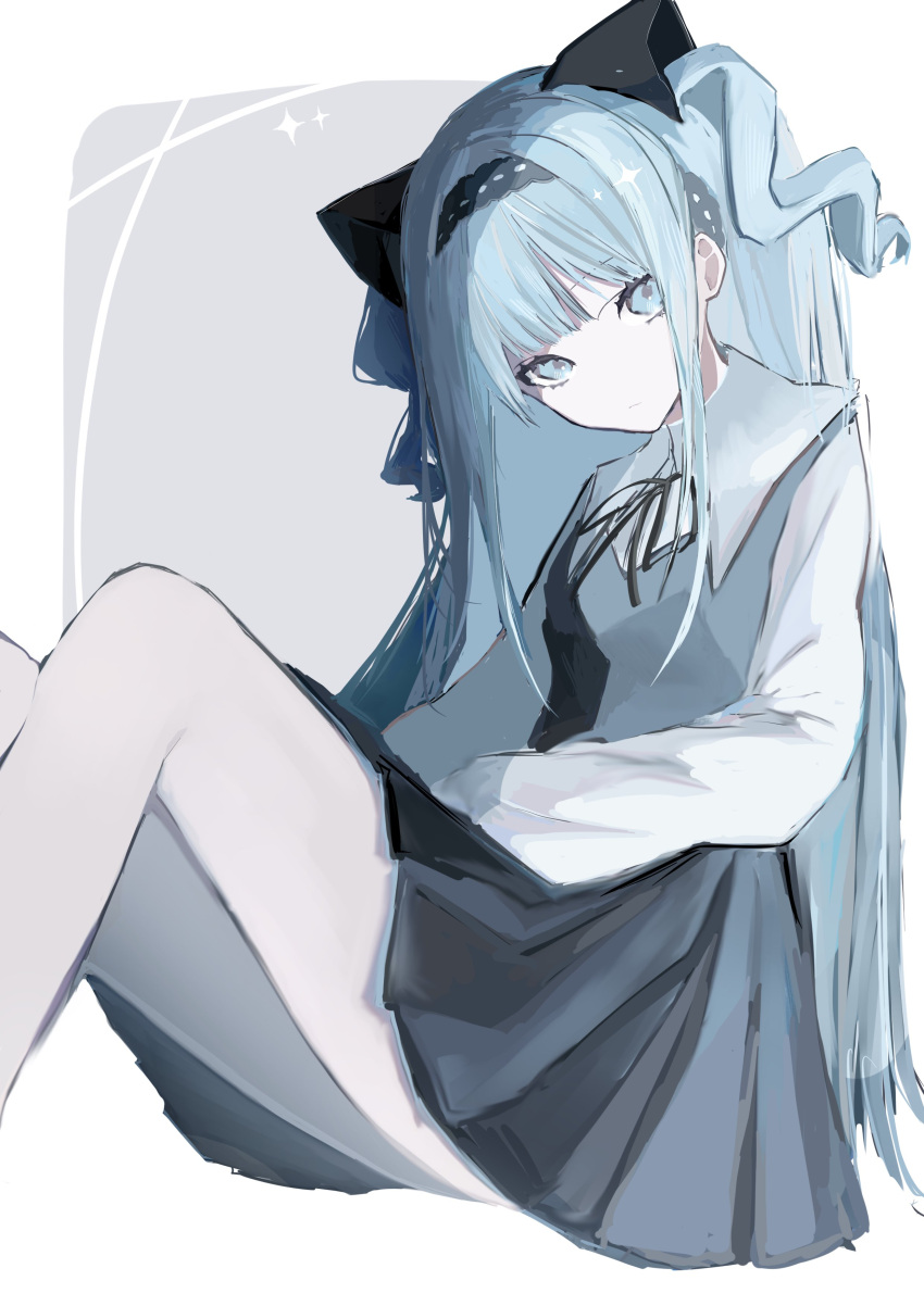 1girl, absurdres, asagi_12_457, black_hairband, black_ribbon, black_skirt, blue_hair, blue_shirt, blunt_bangs, curly_hair, expressionless, hairband, highres, light_blue_hair, long_hair, long_sleeves, looking_at_viewer, medium_skirt, neck_ribbon, on_floor, original, pantyhose, pleated_skirt, ribbon, shirt, sitting, skirt, solo, sparkle, white_background, white_pantyhose, white_shirt