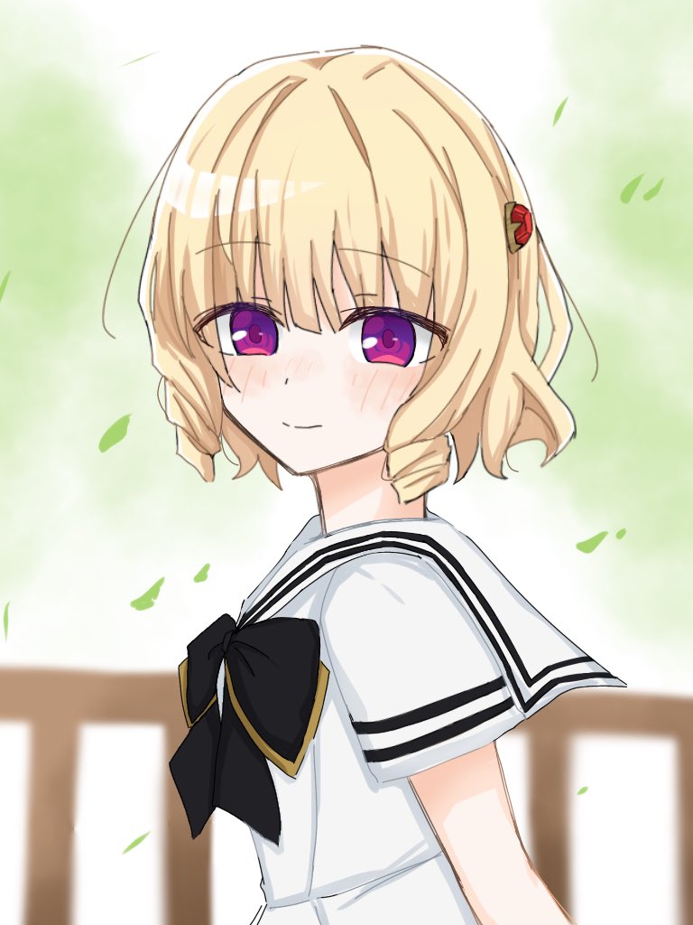 1girl, arm_at_side, assault_lily, black_bow, black_bowtie, blonde_hair, blurry, blurry_background, blush, bow, bowtie, closed_mouth, commentary, day, drill_hair, drill_sidelocks, falling_leaves, from_side, gem, gem_hair_ornament, imamura_yukari_(assault_lily), leaf, looking_at_viewer, looking_to_the_side, official_alternate_costume, outdoors, railing, red_gemstone, sailor_collar, sana_(hs_yp1), school_uniform, serafuku, shirt, short_sleeves, sidelocks, smile, solo, upper_body, violet_eyes, white_sailor_collar, white_shirt